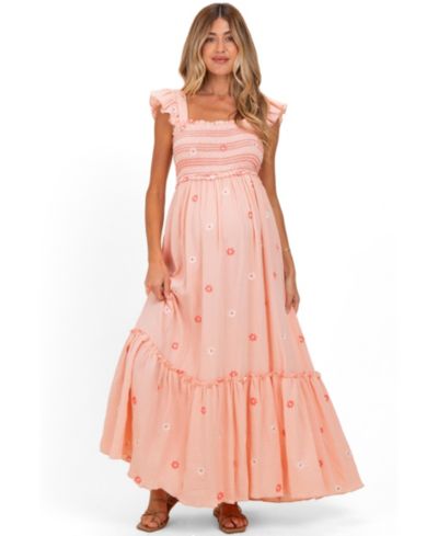 Pinkblush Women's Peach Floral Embroidered Smocked Maxi Dress