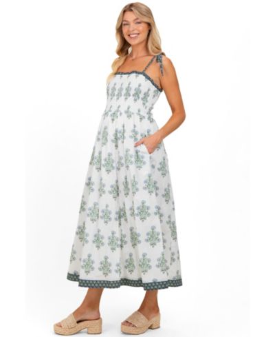 Pinkblush Women's Off White Floral Smocked Shoulder Tie Maxi Dress