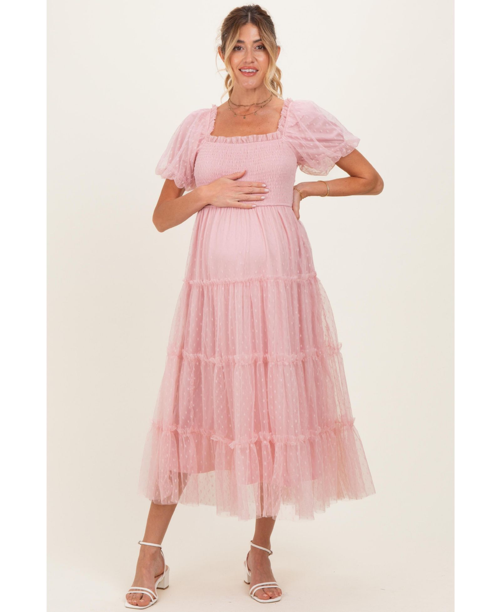 Женское миди-платье Pinkblush CreamTulle Puff Sleeve Smocked