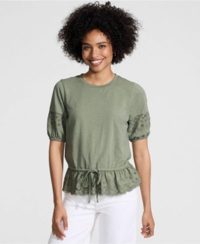 Lands' End Women's Elbow Sleeve Slub Lace Trim Adjustable Hem Top