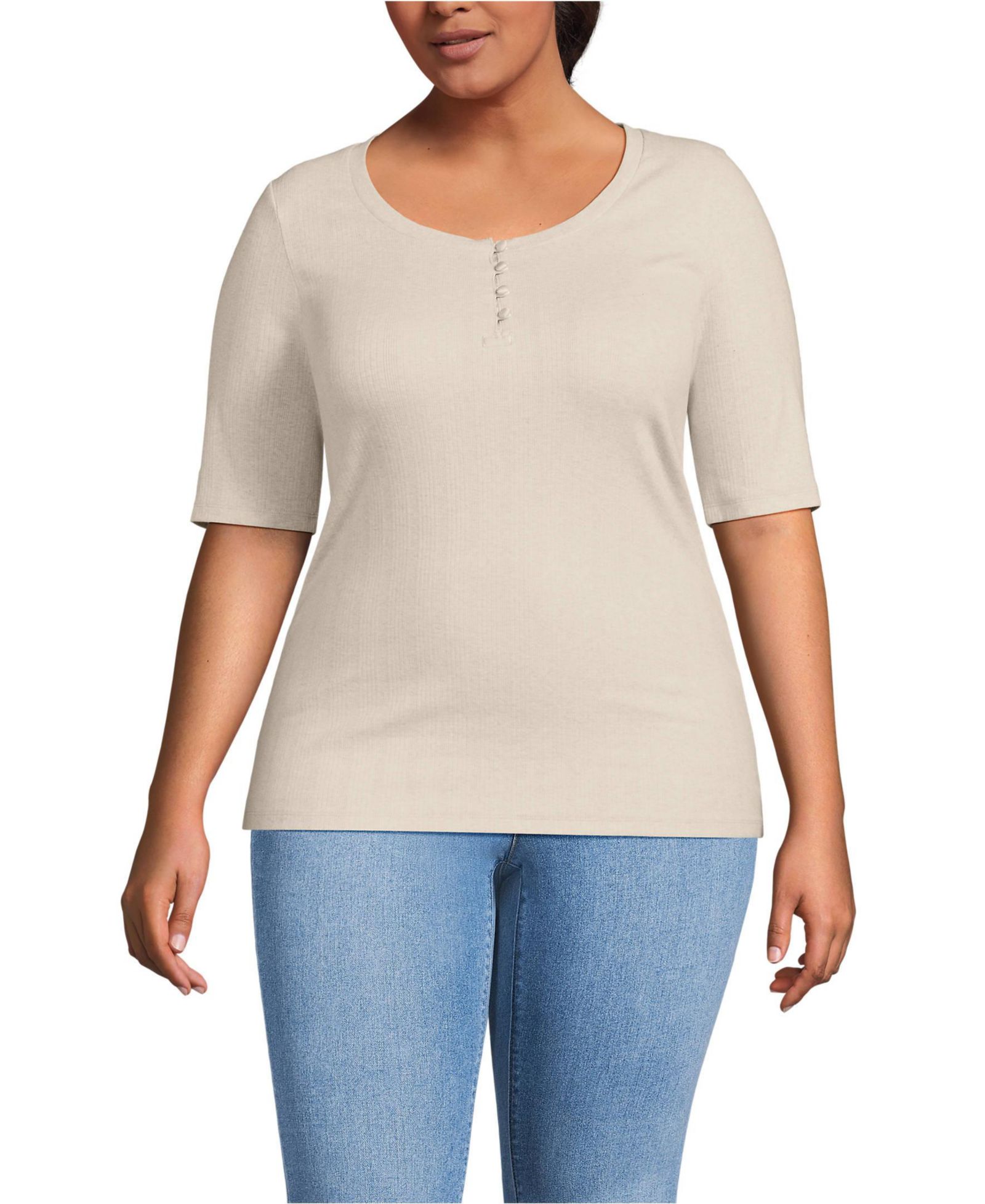 Lands' End Plus Size Elbow Sleeve Variegated Micro Rib Scoop Neck Henley