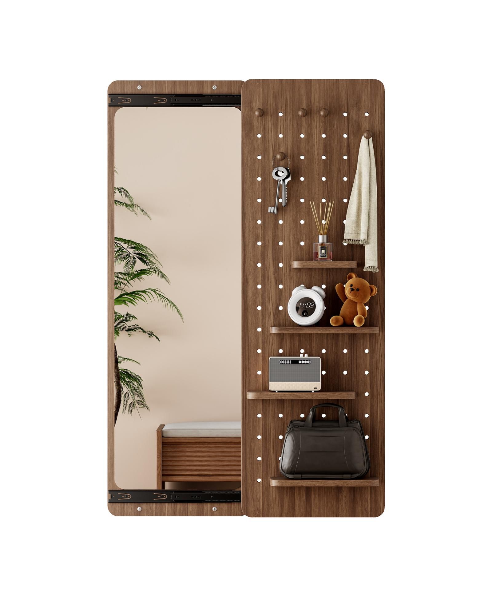 PHYING Walnut Multi Functional Design Panel Wall Mounted Full Length Mirror Space Saving Can Be Pushed and Pulled for Bedroom Living Room Entrance