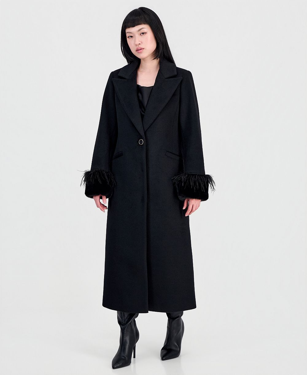 CeCe Women's Faux-Fur and Feather-Trim Maxi Coat
