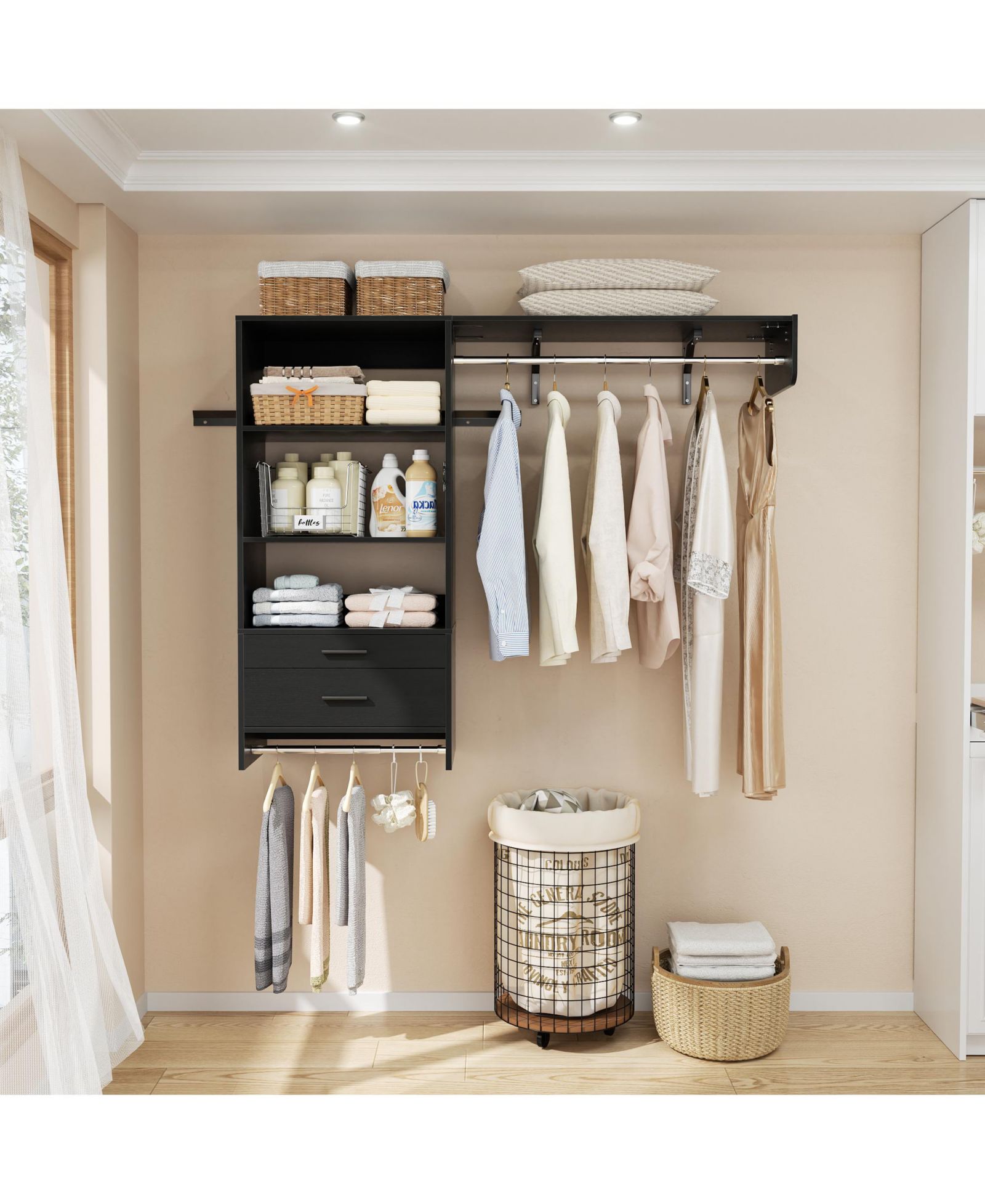 Aheaplus Closet Organizer System with Wood Drawers, Wall-mounted Laundry Room Storage Shelving