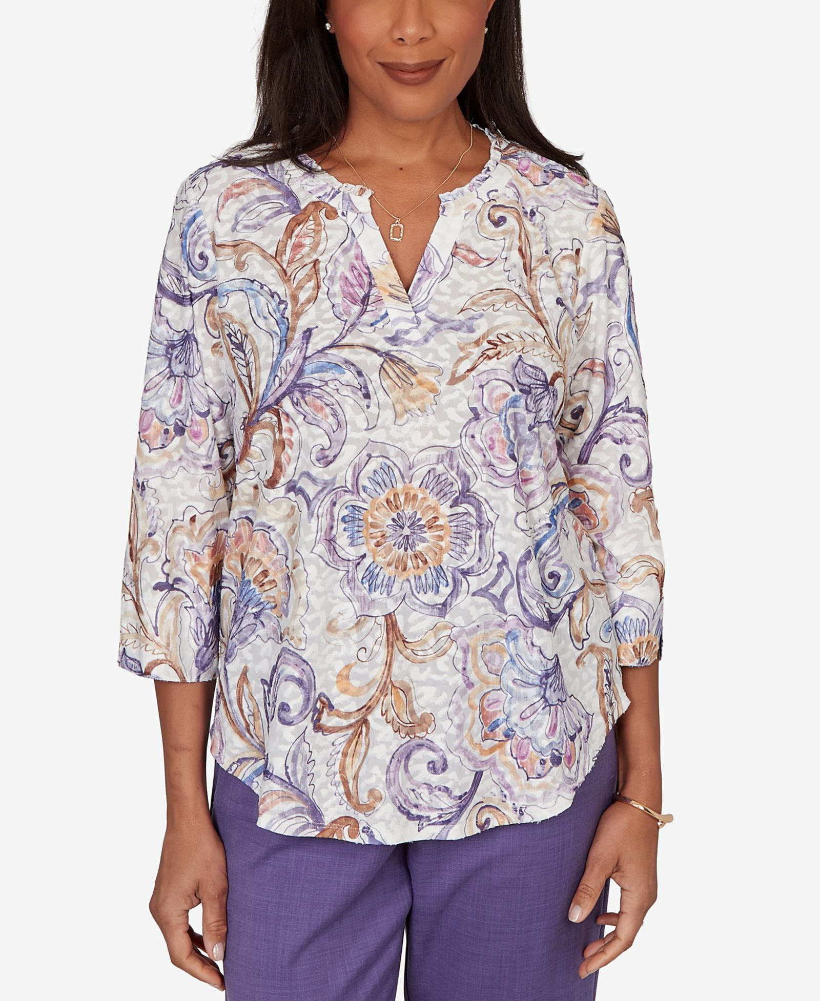 Alfred Dunner Petite Grand Bazaar Jacobean Floral Split Neck Top
