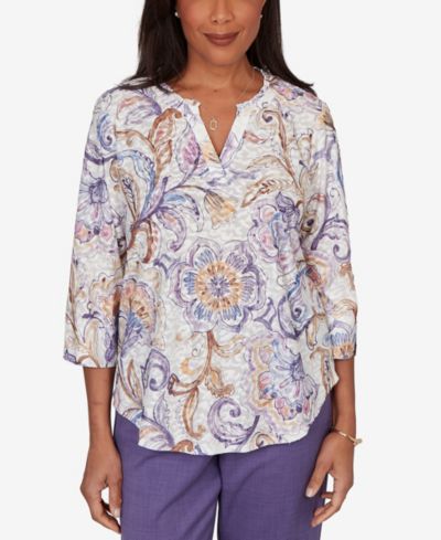 Alfred Dunner Petite Grand Bazaar Jacobean Floral Split Neck Top