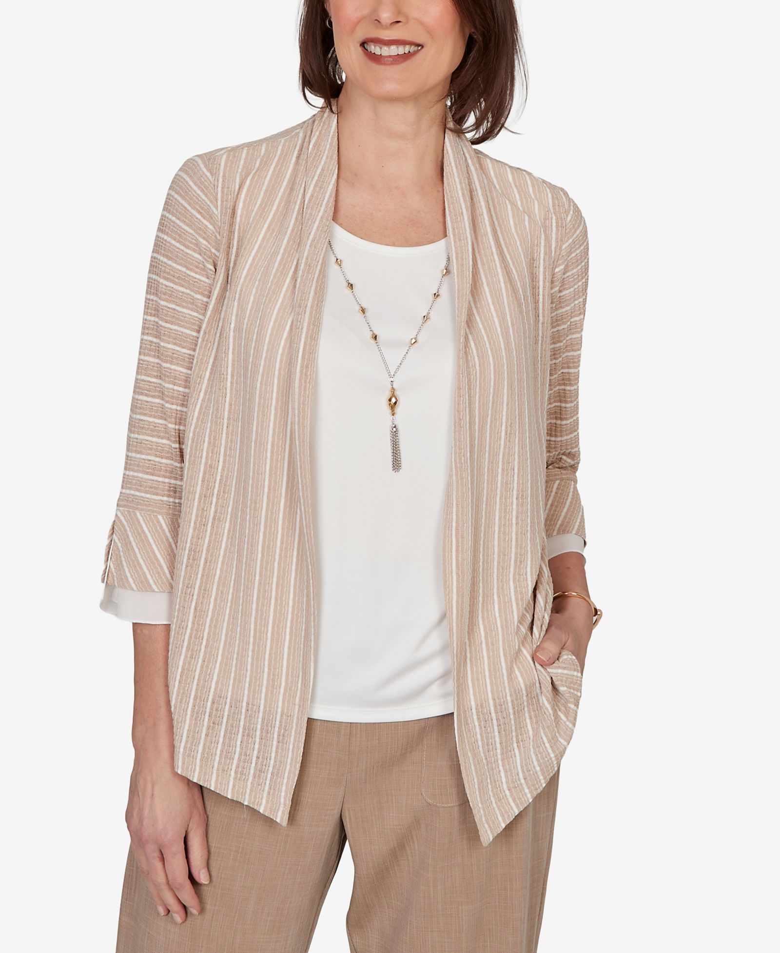 Alfred Dunner Petite Grand Bazaar Vertical Stripe Two-In-One Top with Necklace