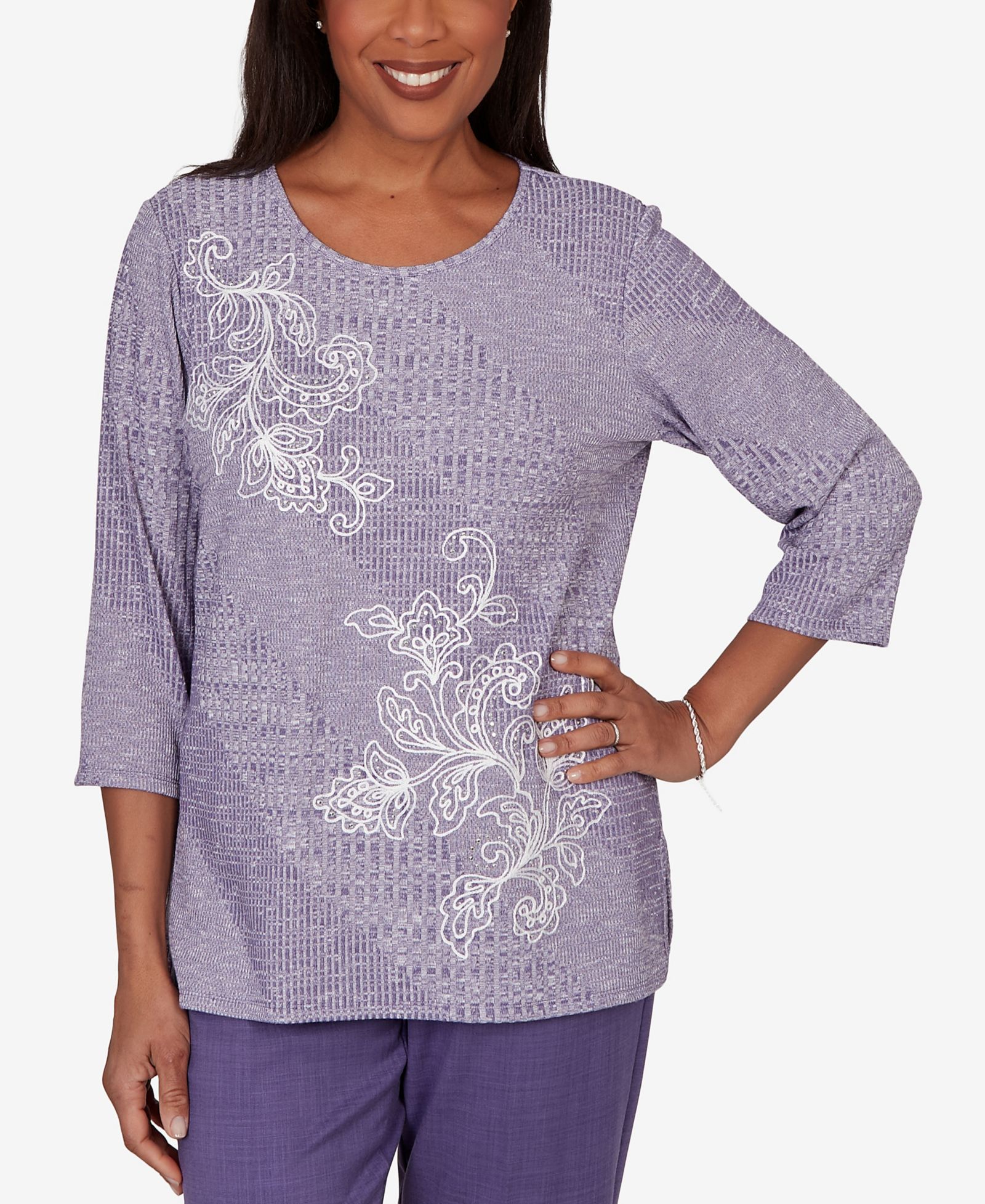 Alfred Dunner Petite Grand Bazaar Embroidered Diagonal Textured Knit Top