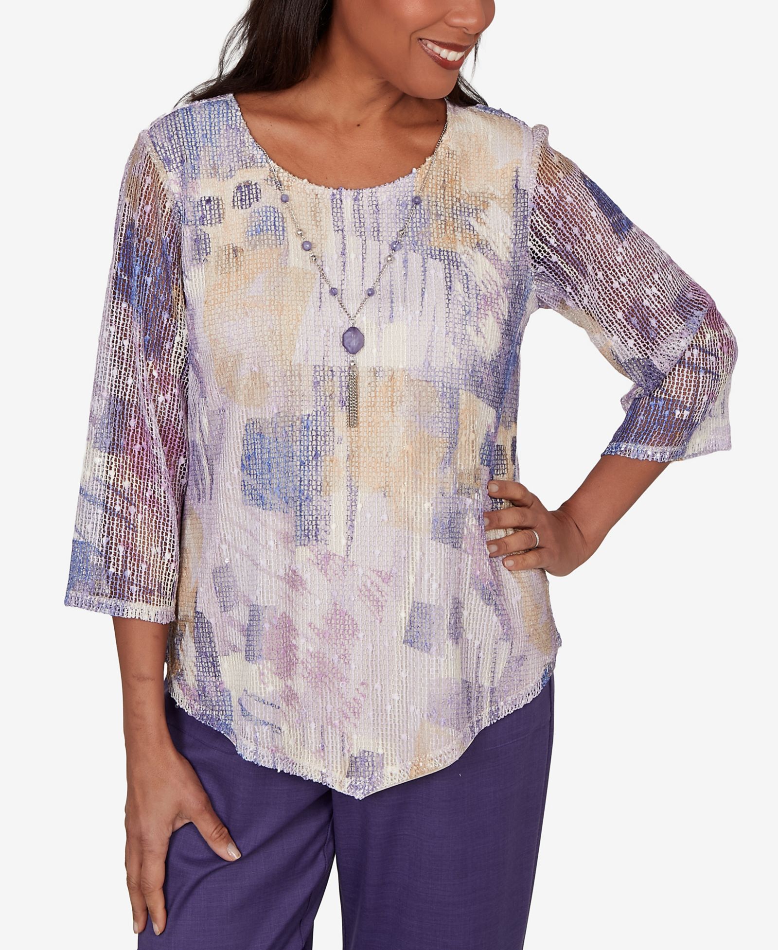 Alfred Dunner Petite Grand Bazaar Stained Glass Mesh Top with Necklace
