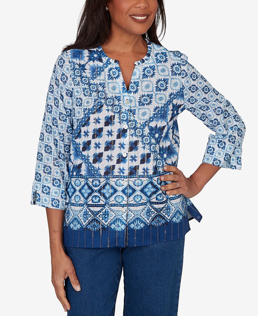 Alfred Dunner Petite Ikat Tie-Dye Patchwork Henley Top