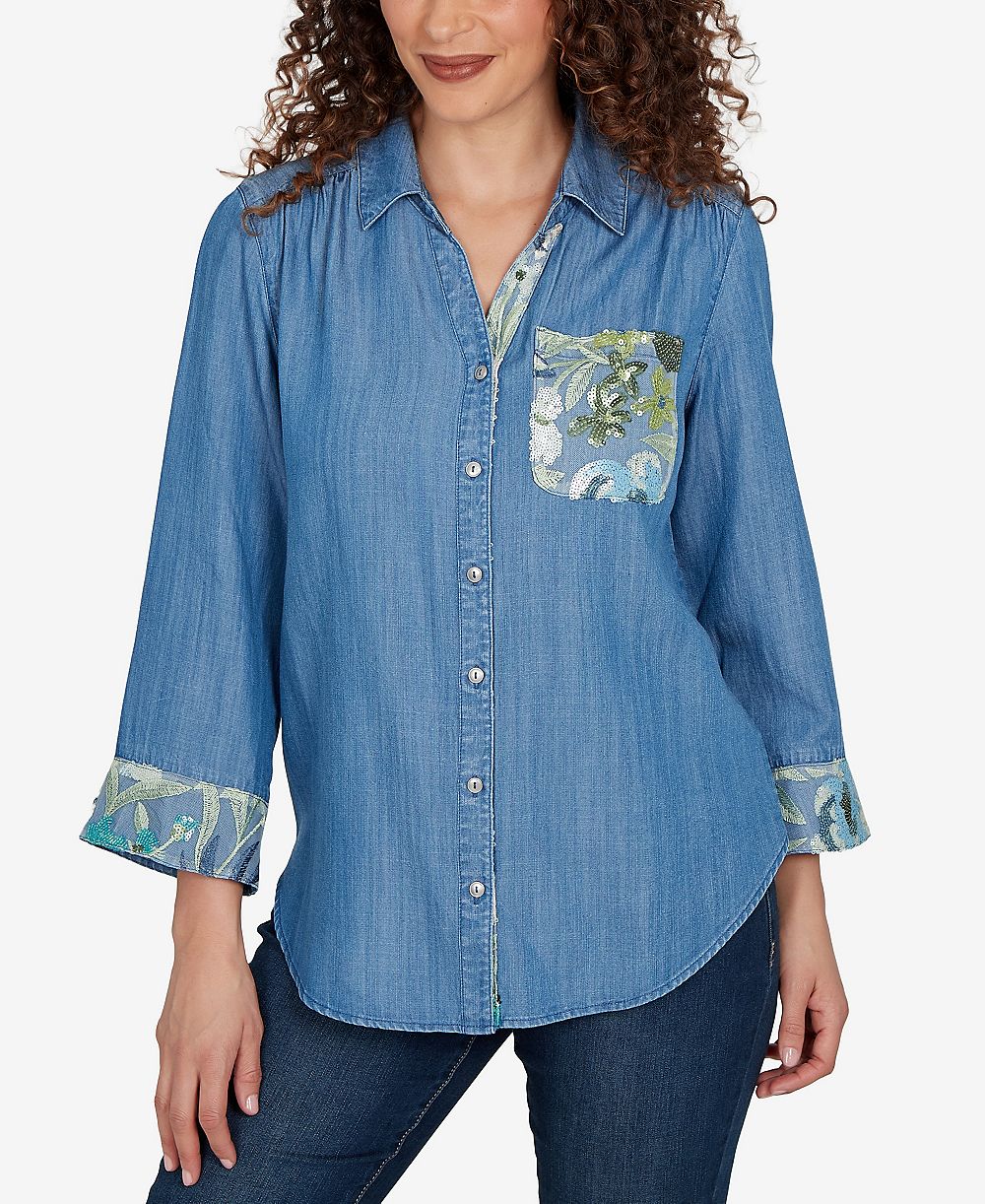 Alfred Dunner Petite Soft Lyocell Denim Sequined Button-Front Top