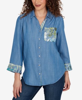 Alfred Dunner Petite Soft Lyocell Denim Sequined Button-Front Top