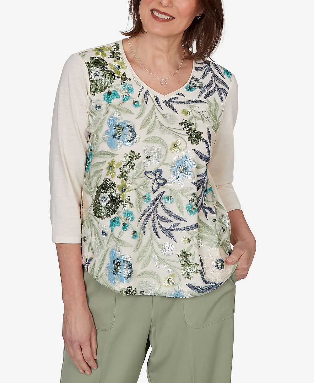Верх на девочку Petite Alfred Dunner Indigo Sequined Floral Mesh Overlay Knit