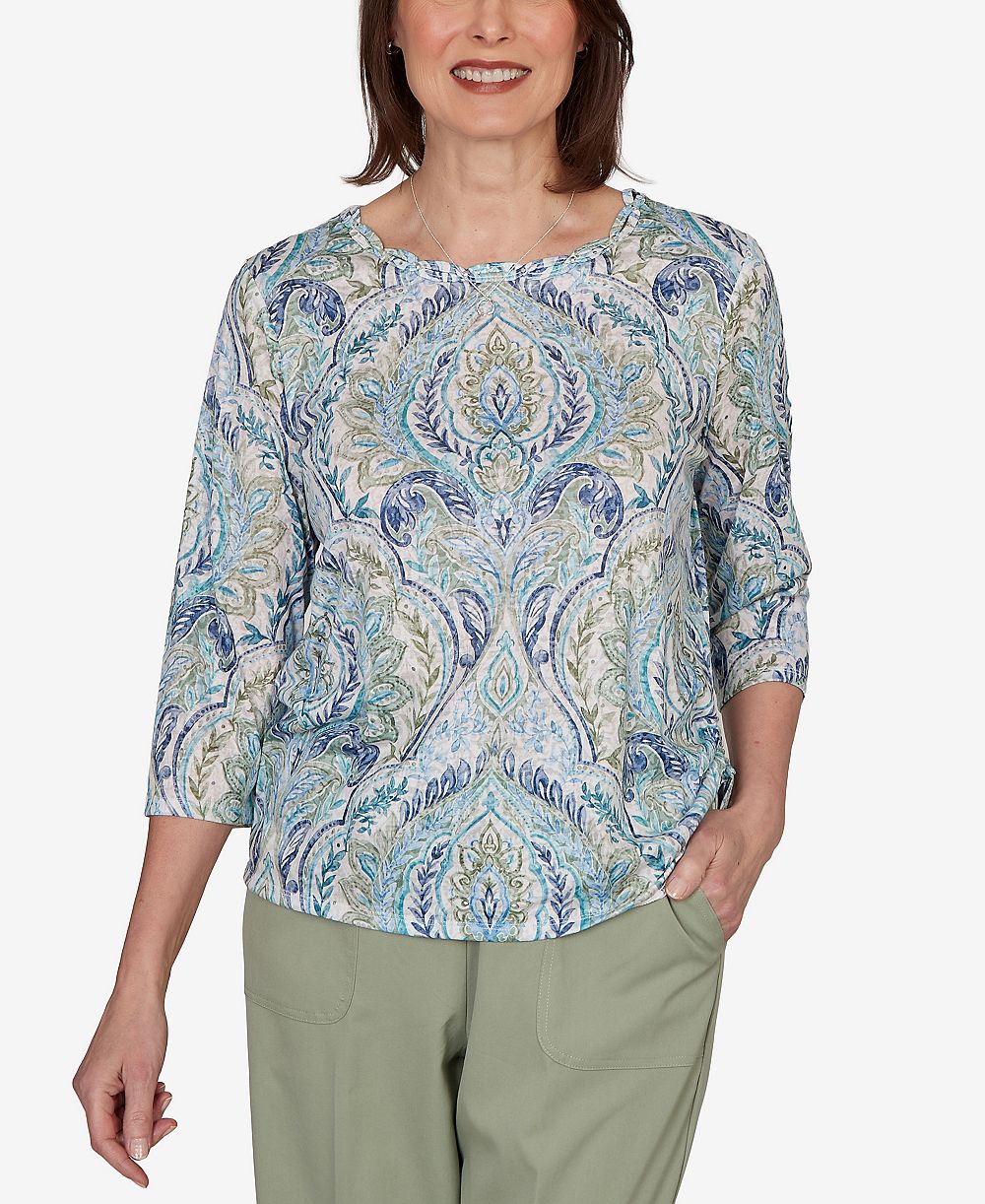 Alfred Dunner Petite Medallion Print Braided Neck Top