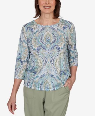 Alfred Dunner Petite Medallion Print Braided Neck Top