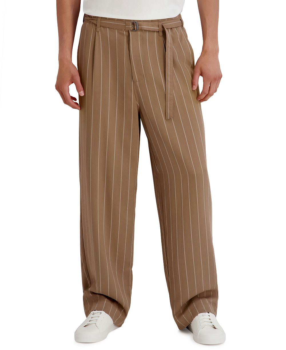 KARL LAGERFELD PARIS Men's Stripe Regular-Fit Removable Belt Pants