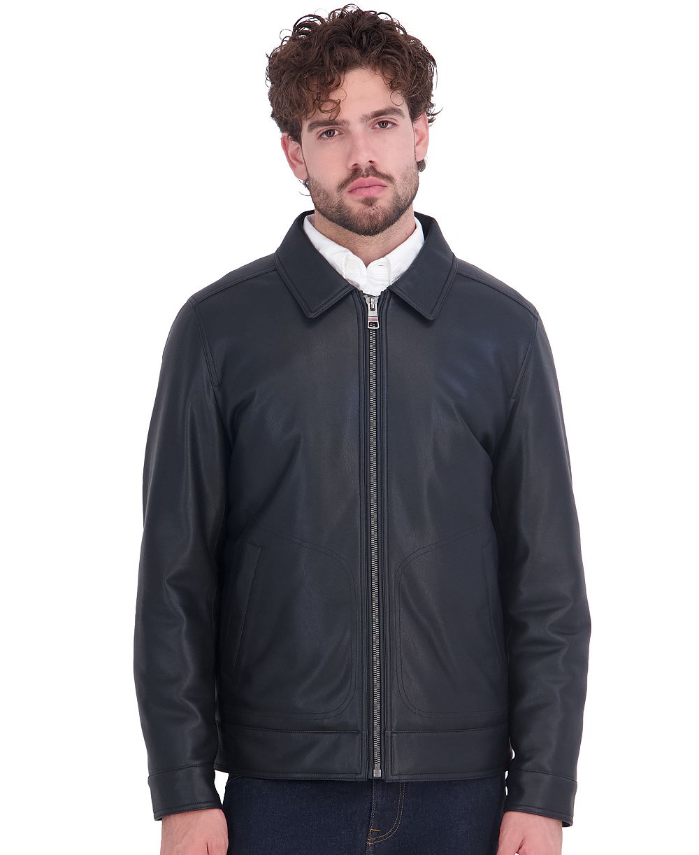 Tommy Hilfiger Men's Faux Leather Point Collar Open Bottom Jacket