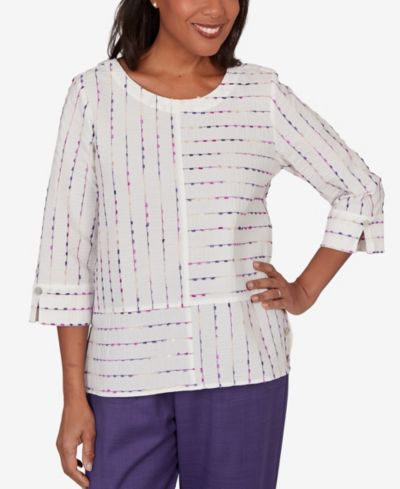 Alfred Dunner Women's Grand Bazaar White Textured Rainbow Stripe Top