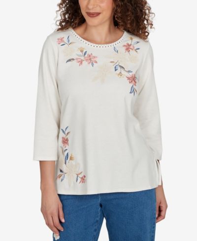 Alfred Dunner Women's Camden Market Crochet Embroidered Floral Knit Top