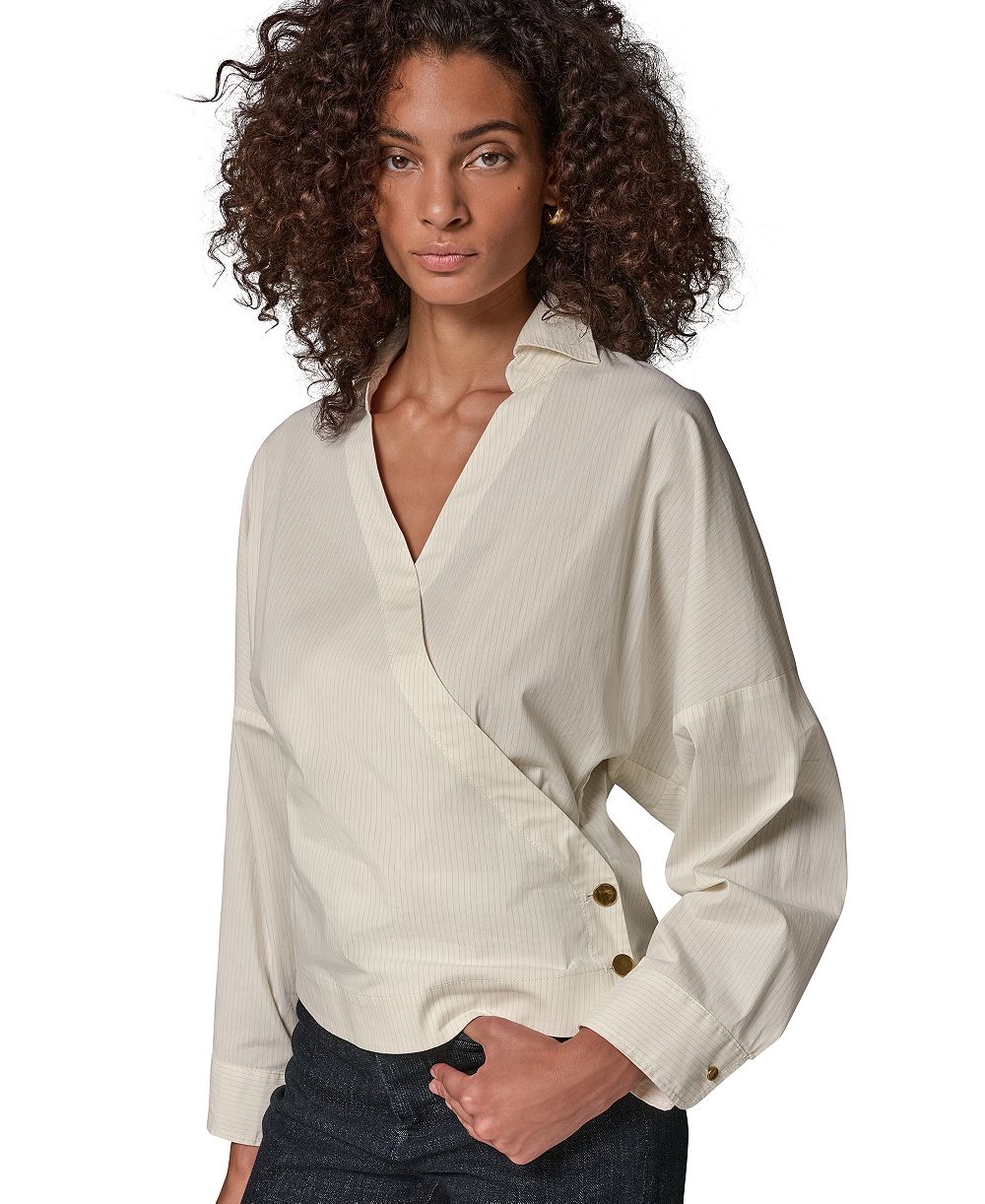 Donna Karan Weekend женская блузка с длинным рукавом, воротником и V-образным вырезом в полоску