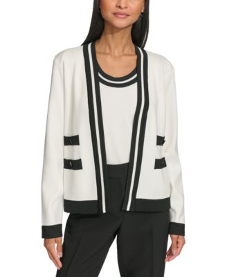 KARL LAGERFELD PARIS Petite Open-Front Long-Sleeve Knit Cardigan with Contrast Trim