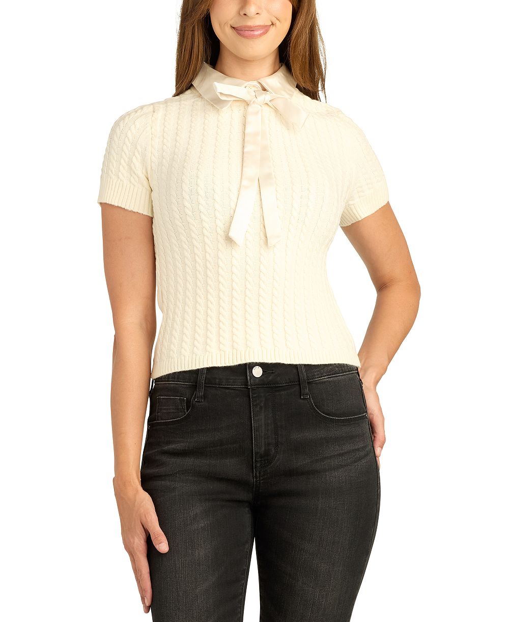 BCX Juniors' Cable-Knit Contrast-Collar Back-Zipper Short-Sleeve Pullover Sweater