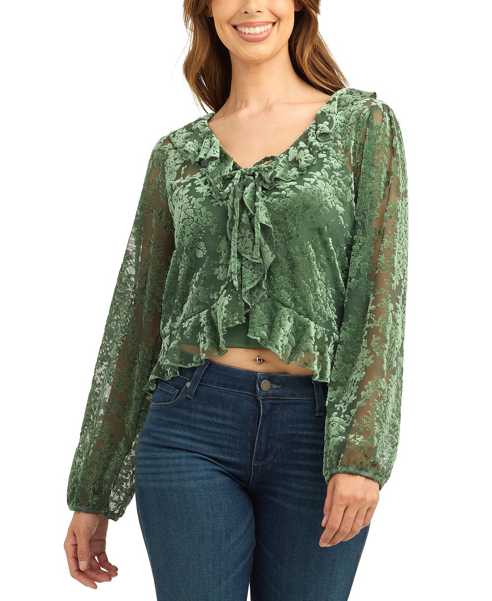 BCX Juniors' Mesh Velvet Burnout Crop Long-Sleeve Blouse