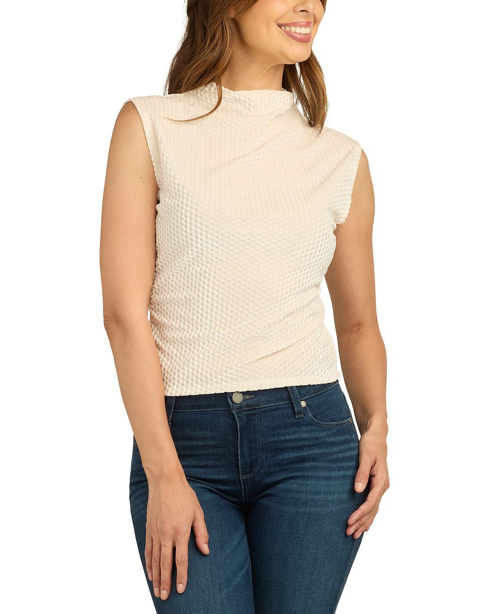 BCX Juniors' Mock Neck Diamond Velvet Shirred Tank Top
