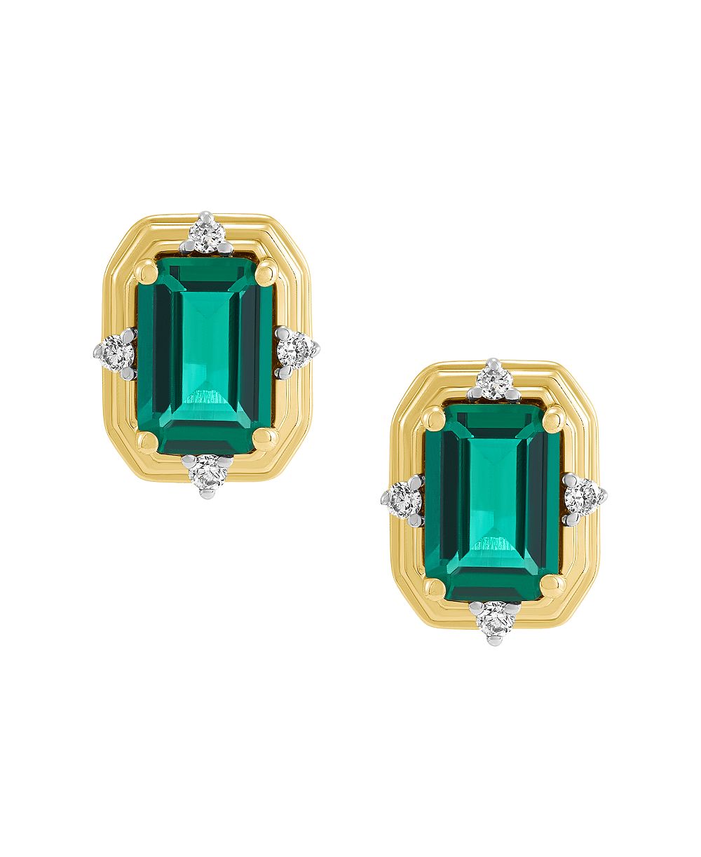 Серьги-гвоздики Macy's Lab-Grown Emerald & Diamond 14k Yellow Gold-Plated Sterling Silver