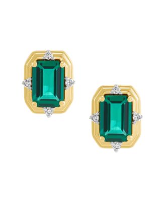 Macy's Lab-Grown Emerald (1-1/10 ct. t.w.) & Diamond (1/20ct. t.w.) Stud Earrings in 14k Yellow Gold-Plated Sterling Silver