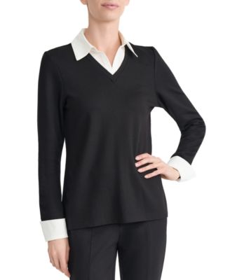 Jones New York Petite Mixed Media Twofer Long-Sleeve Collared V-Neck Blouse