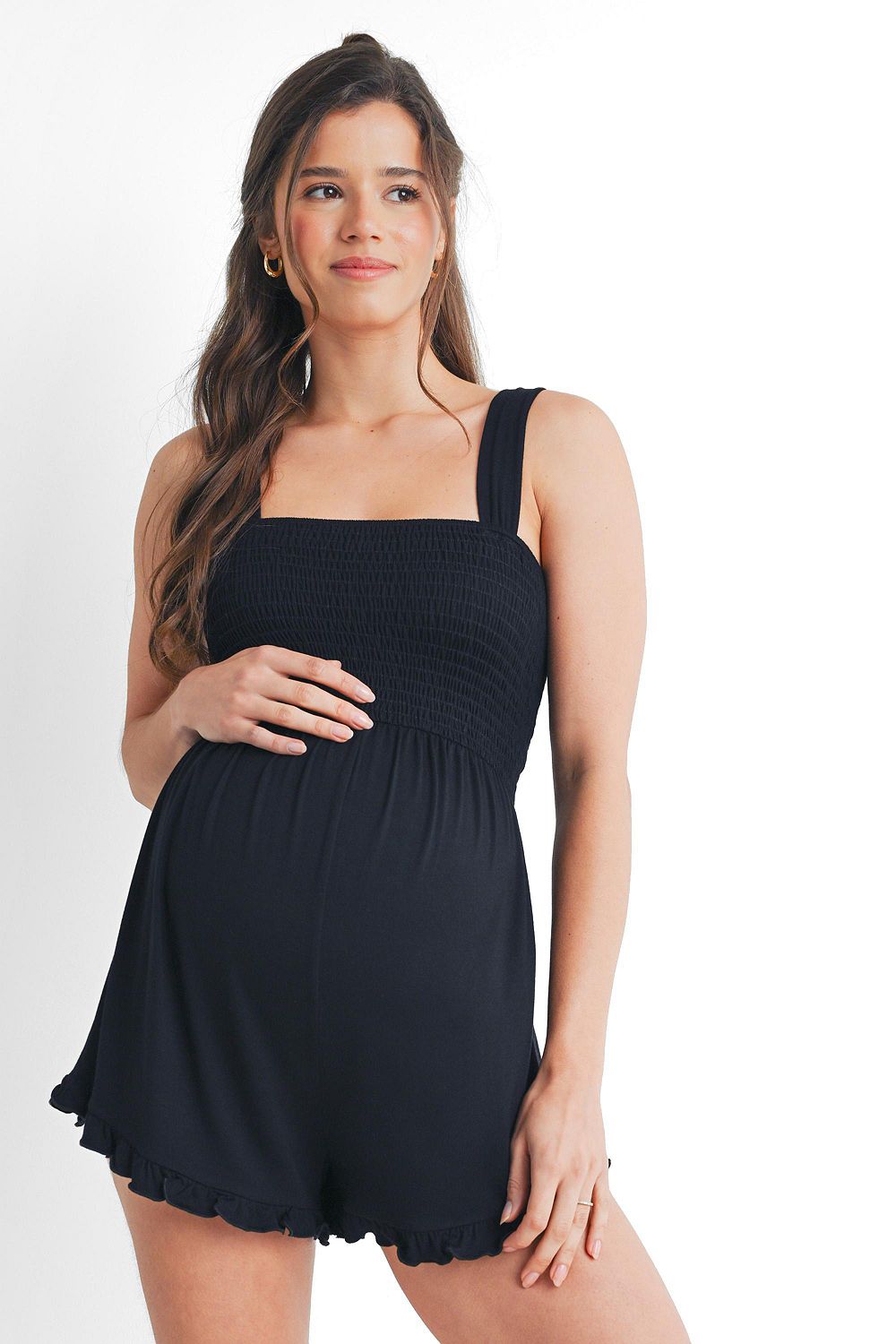 Hello Miz Maternity Smocked Square Neck Sleeveless Romper with Wide Straps