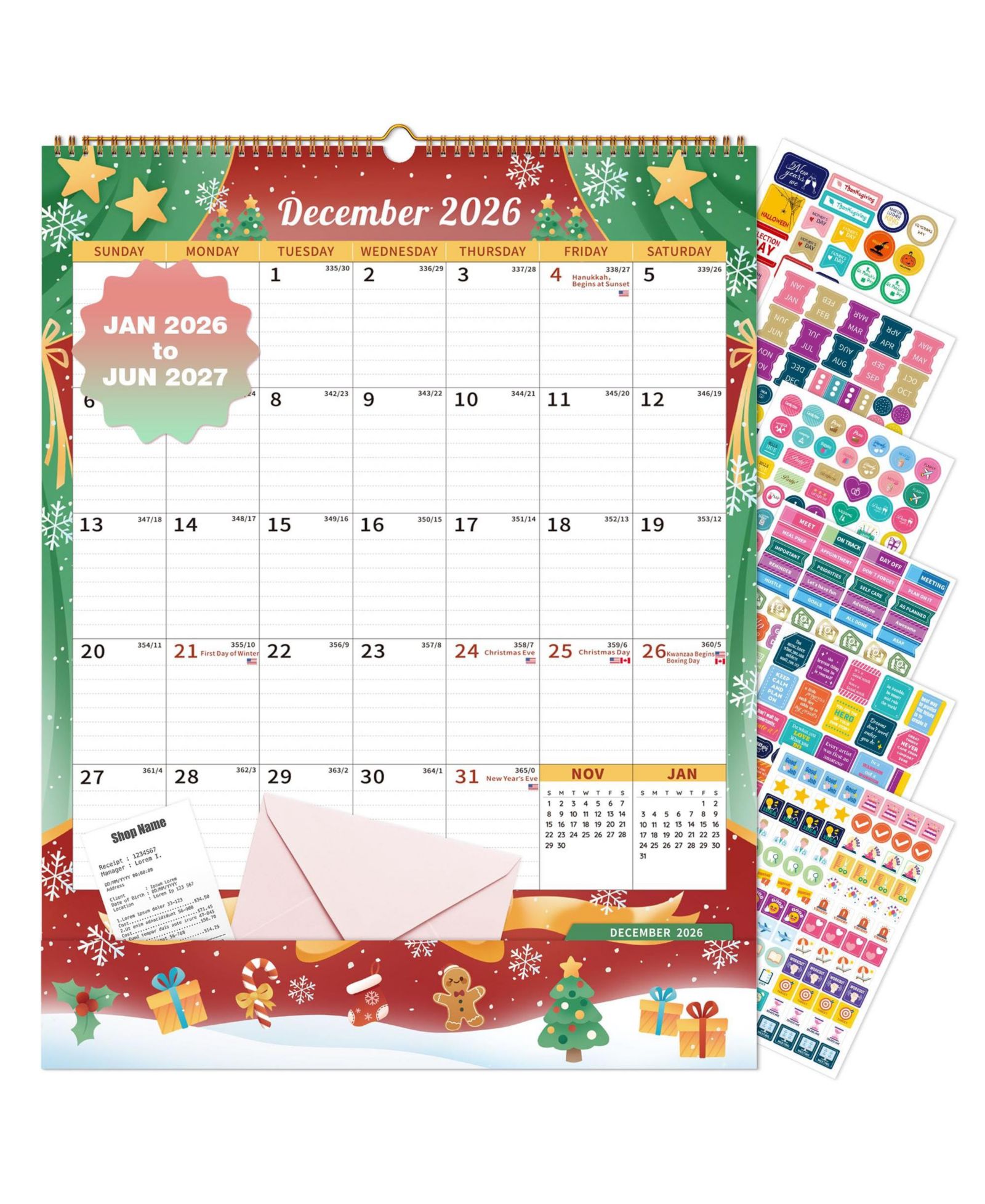 Ежемесячный планер-наклейки GNUADZ Wall Calendar 2026-2027 Storage Pocket Monthly Planner Stickers Artistic Floral