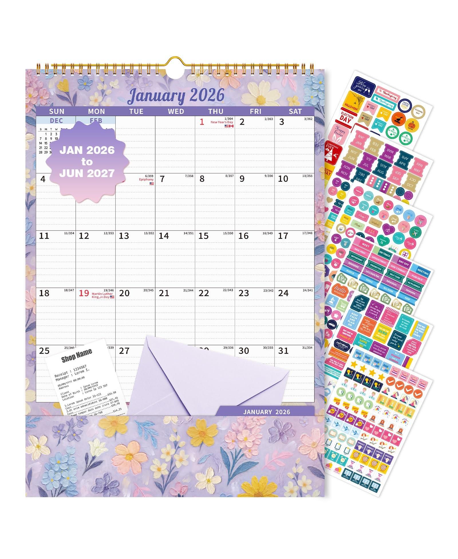 Настенный календарь GNUADZ 2026-2027 Monthly Planner Stickers Artistic Floral