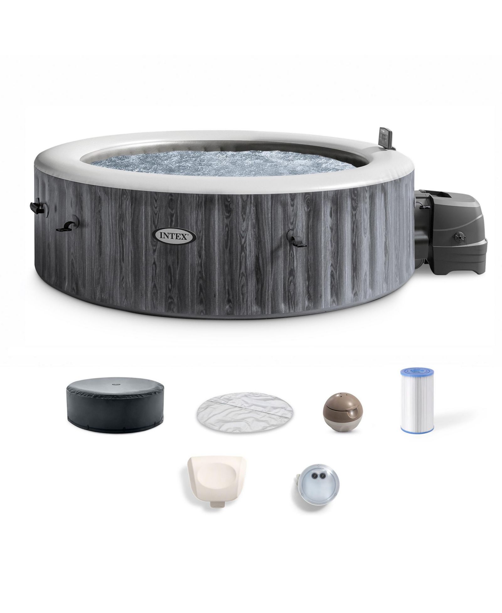 Intex PureSpa Greywood Deluxe Spa Set, 170 Bubble Jet Hot Tub with Cover, 85x28"