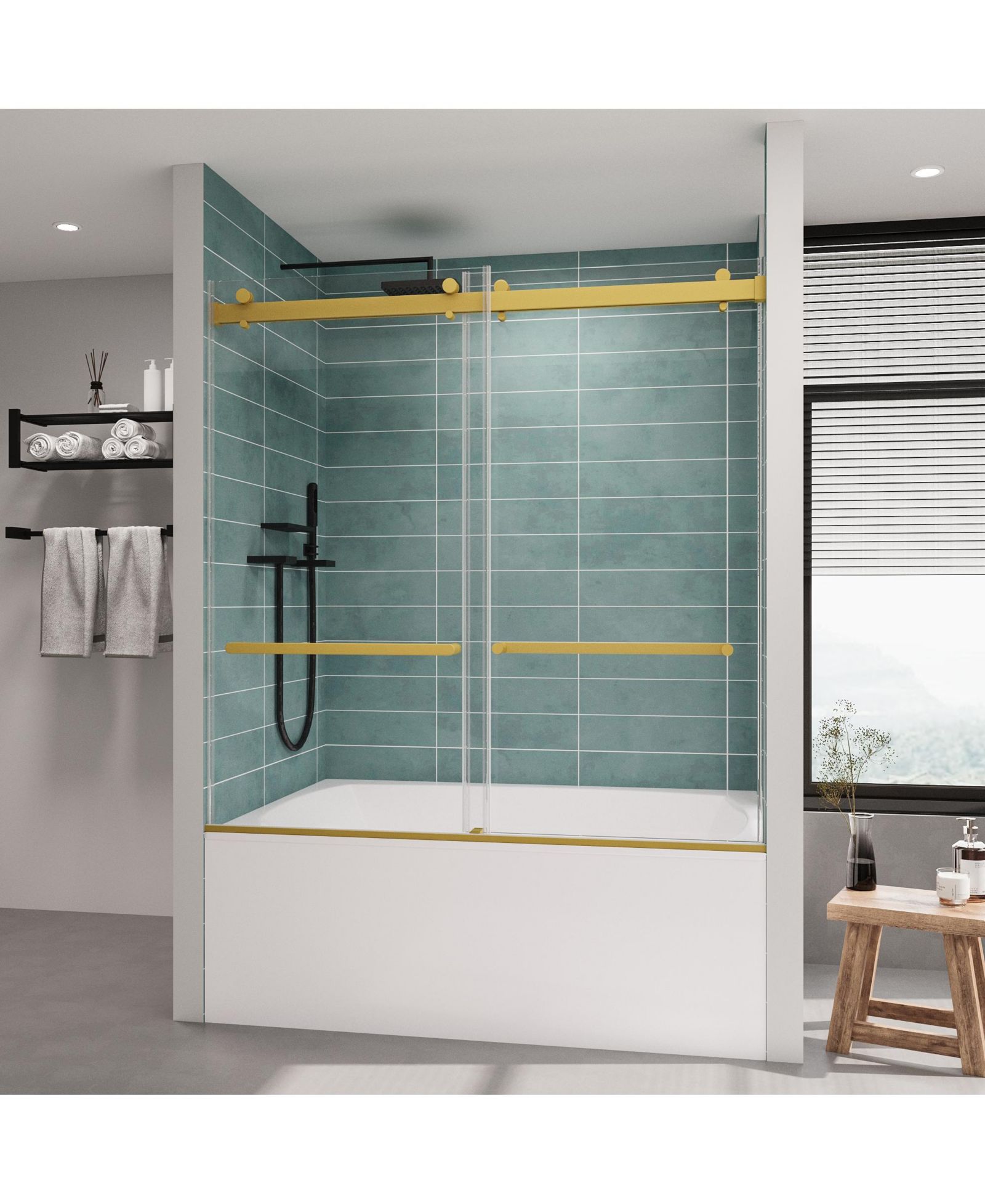 LOVMOR Frameless Bathtub Shower Doors 56-60 W x 60 H, Double Sliding Tub Shower Door with Tempered Glass 5/16"(8mm), Brushed Gold