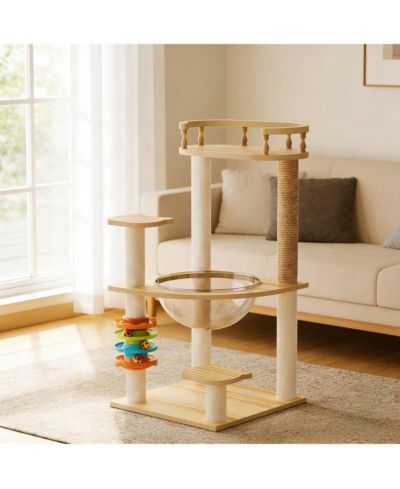 Streamdale Furniture  32.2" Modern Wood Cat Tree with Sisal Scratching Posts and Acrylic Hammock