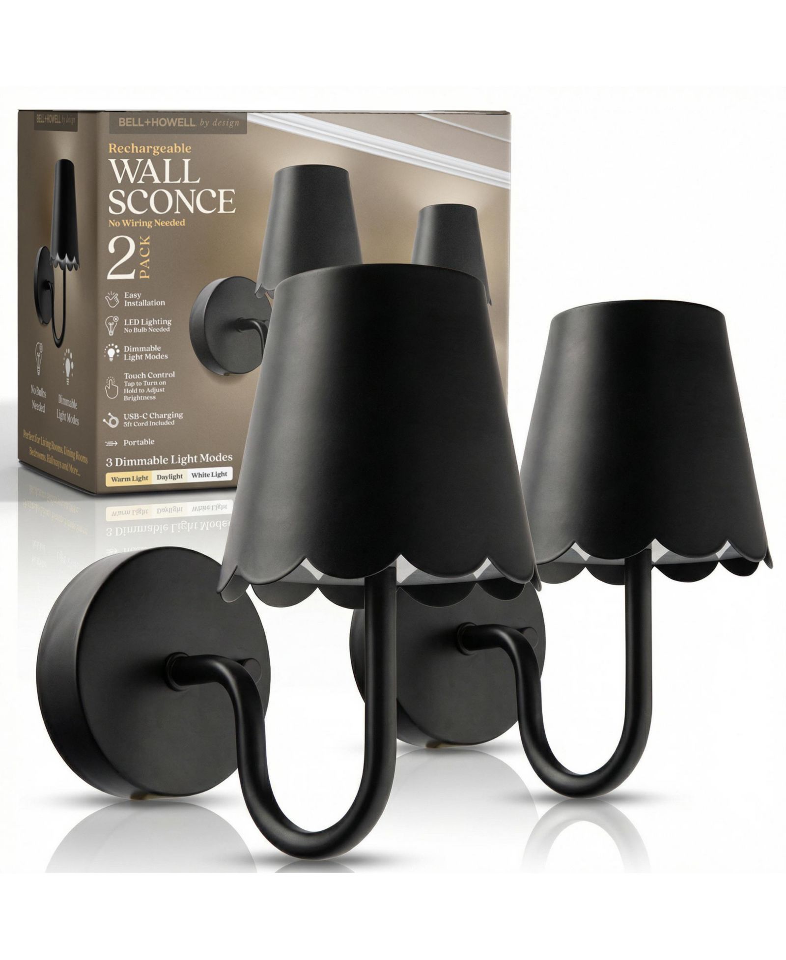 Набор из 2 металлических настенных светильников Bell + Howell Scallop Shade Dimmable LED Rechargeable Cordless Touch Control