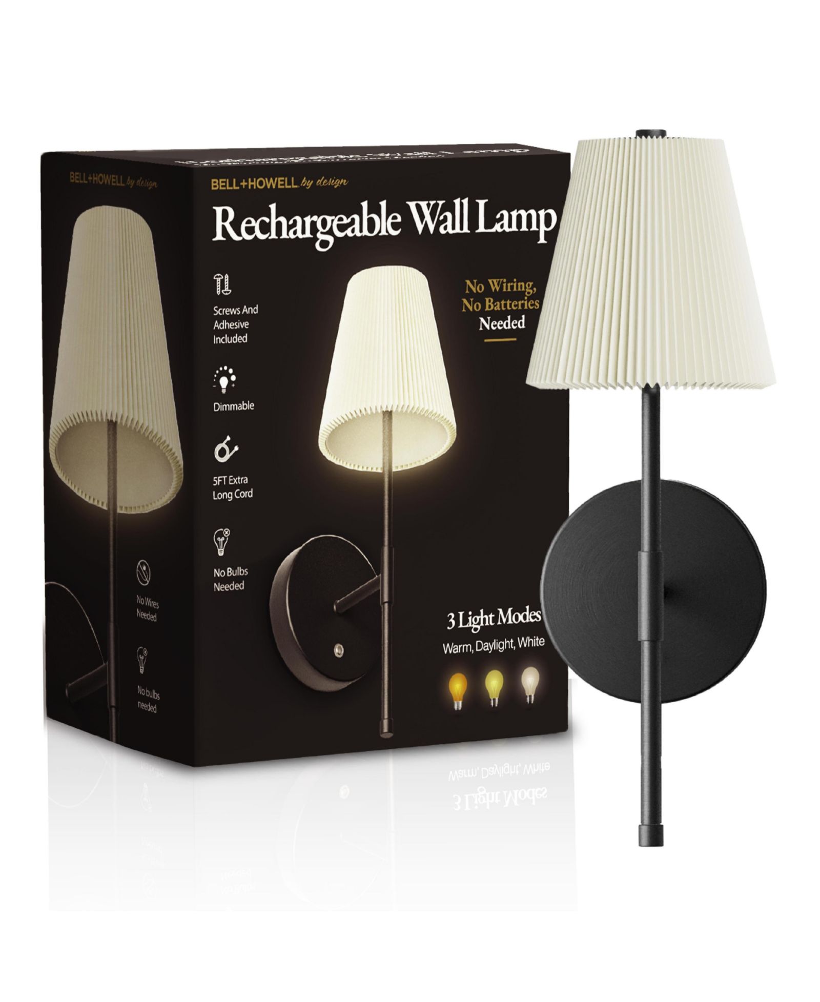 Bell + Howell Pleated Shade Dimmable LED Rechargeable Cordless Touch Control Lights Wall Sconces