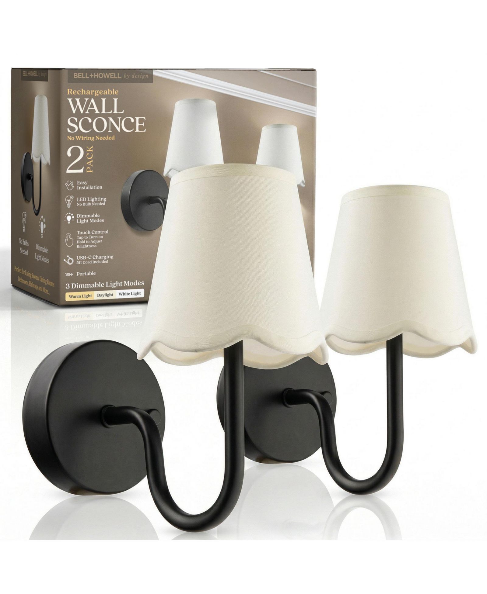 Bell + Howell Set of 2 Scallop Shade Dimmable LED Rechargeable Cordless Touch Control Lights Wall Sconces