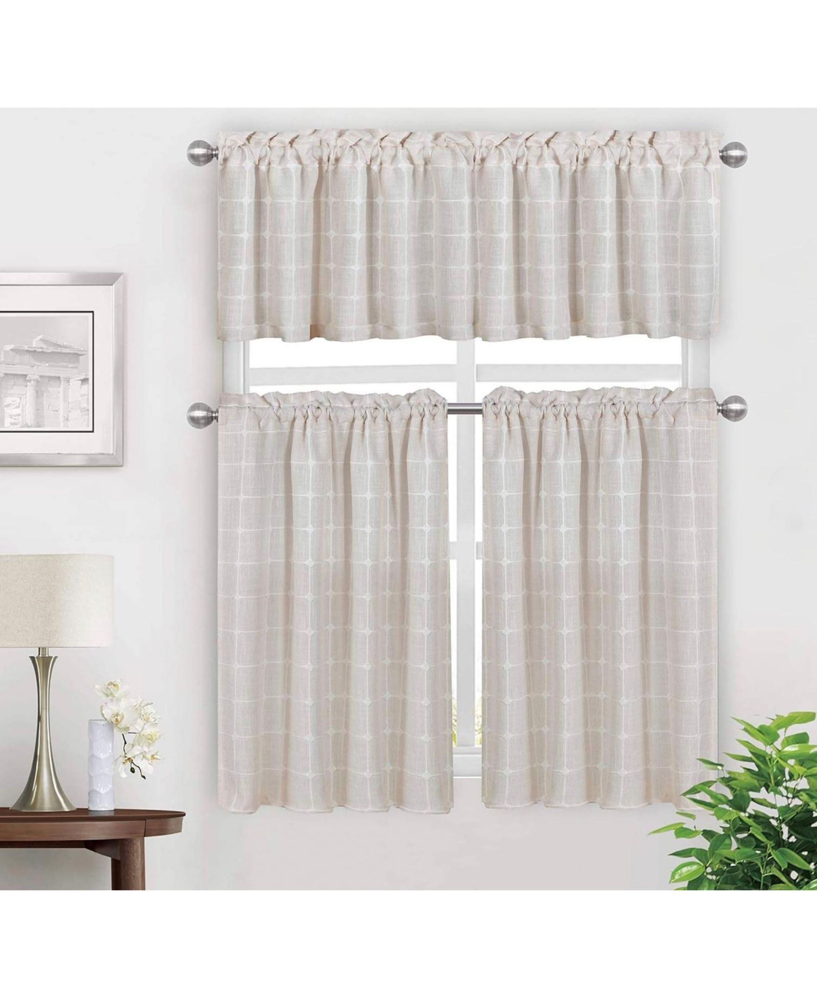 Kate Aurora 3 Piece Claire Embroidered Cafe Rod Pocket Kitchen Curtain Tier And Valance Set
