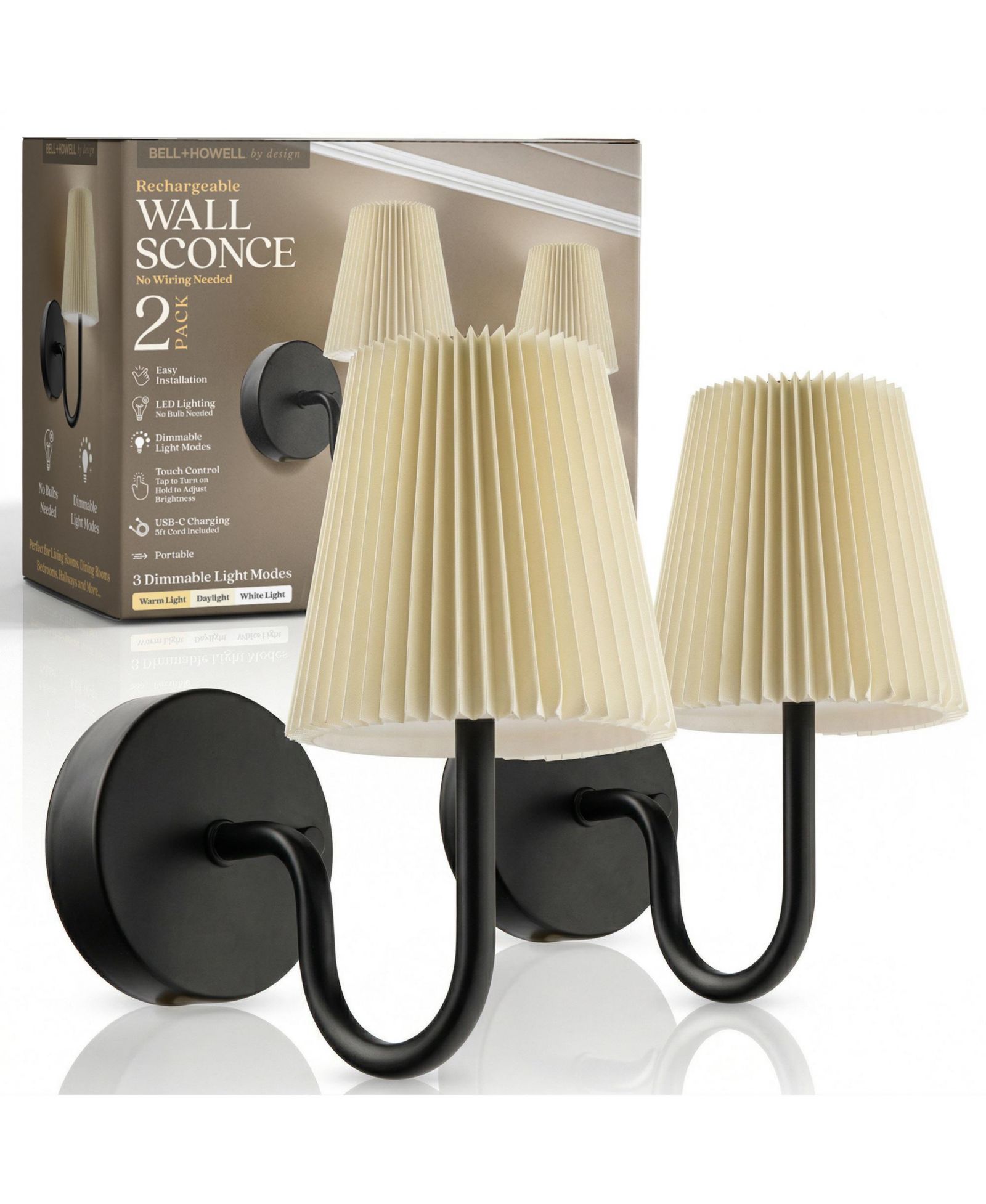 Bell + Howell набор из 2 настенных бра с регулируемой яркостью LED, беспроводных, с сенсорным управлением