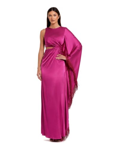 Mac Duggal Women's Charmeuse Kaftan Sleeve Assymetrical Fringe Gown