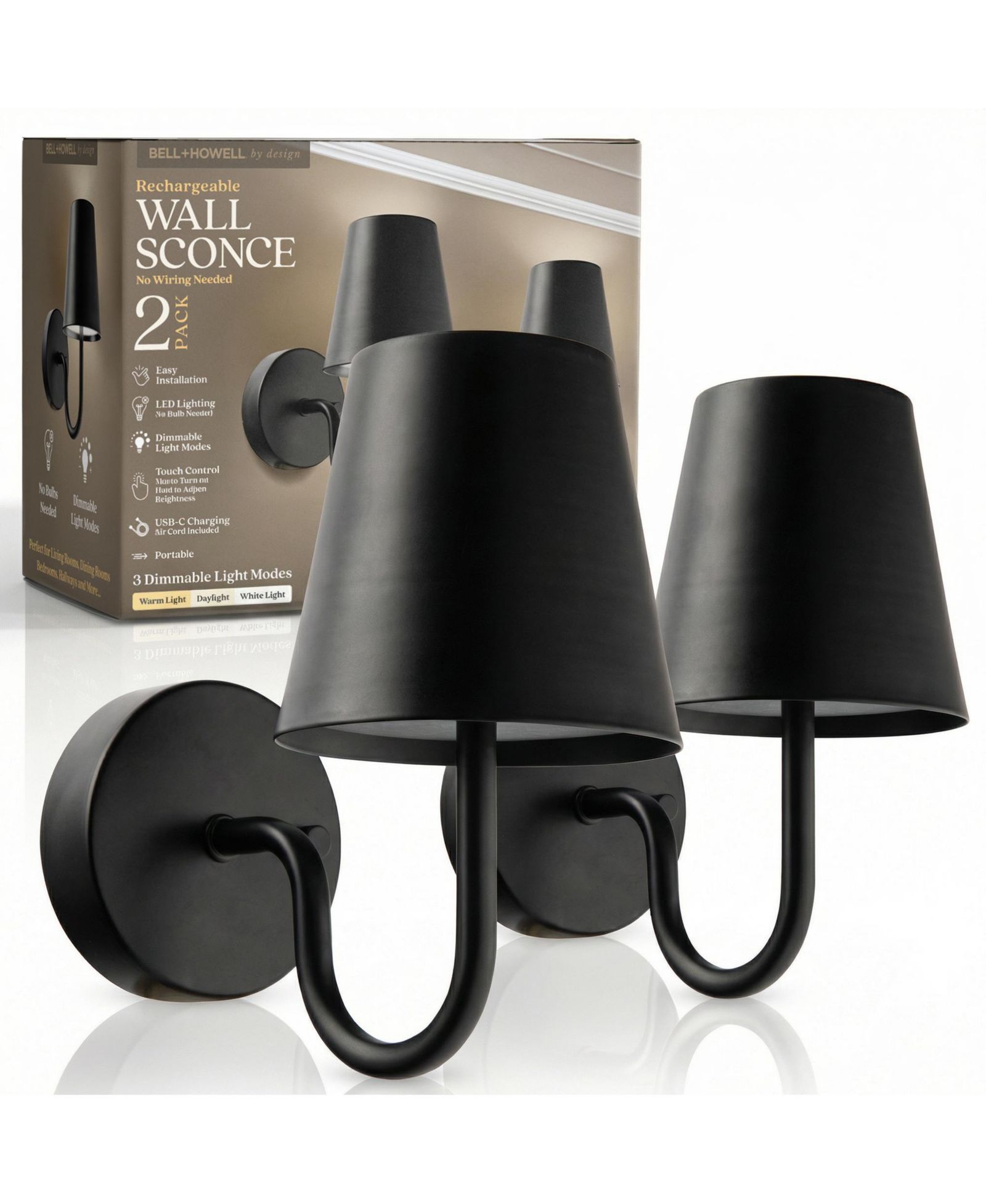 Комплект из 2-х современных настенных светильников Bell + Howell с диммером и сенсорным управлением