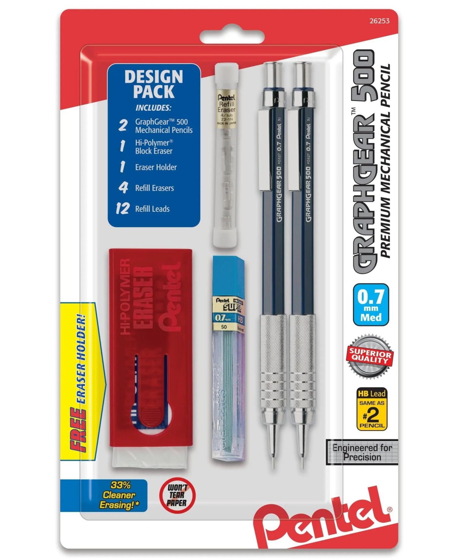 Pentel GraphGear 500 Automatic Drafting Pencil (0.7mm),   Refill Eraser Tube and Large Block Eraser with holder