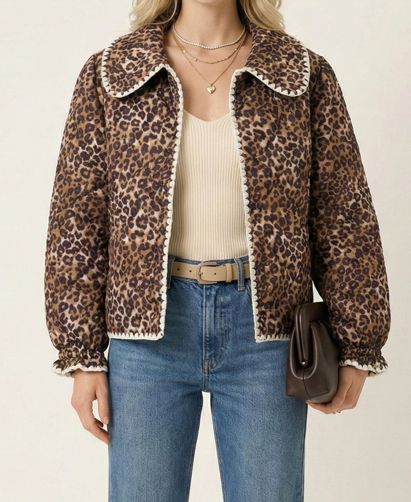 Modenaire Women's Leopard Print Quilted Jacket