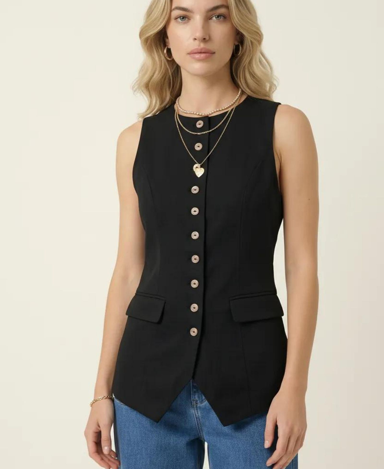 Modenaire Women's Longline Button Front Flap Pocket Vest