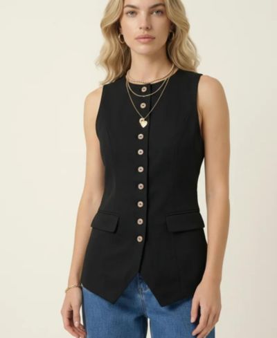 Modenaire Women's Longline Button Front Flap Pocket Vest