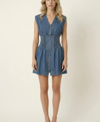 Женское мини-платье Modenaire Denim Cap-Sleeve Smocked-Waist