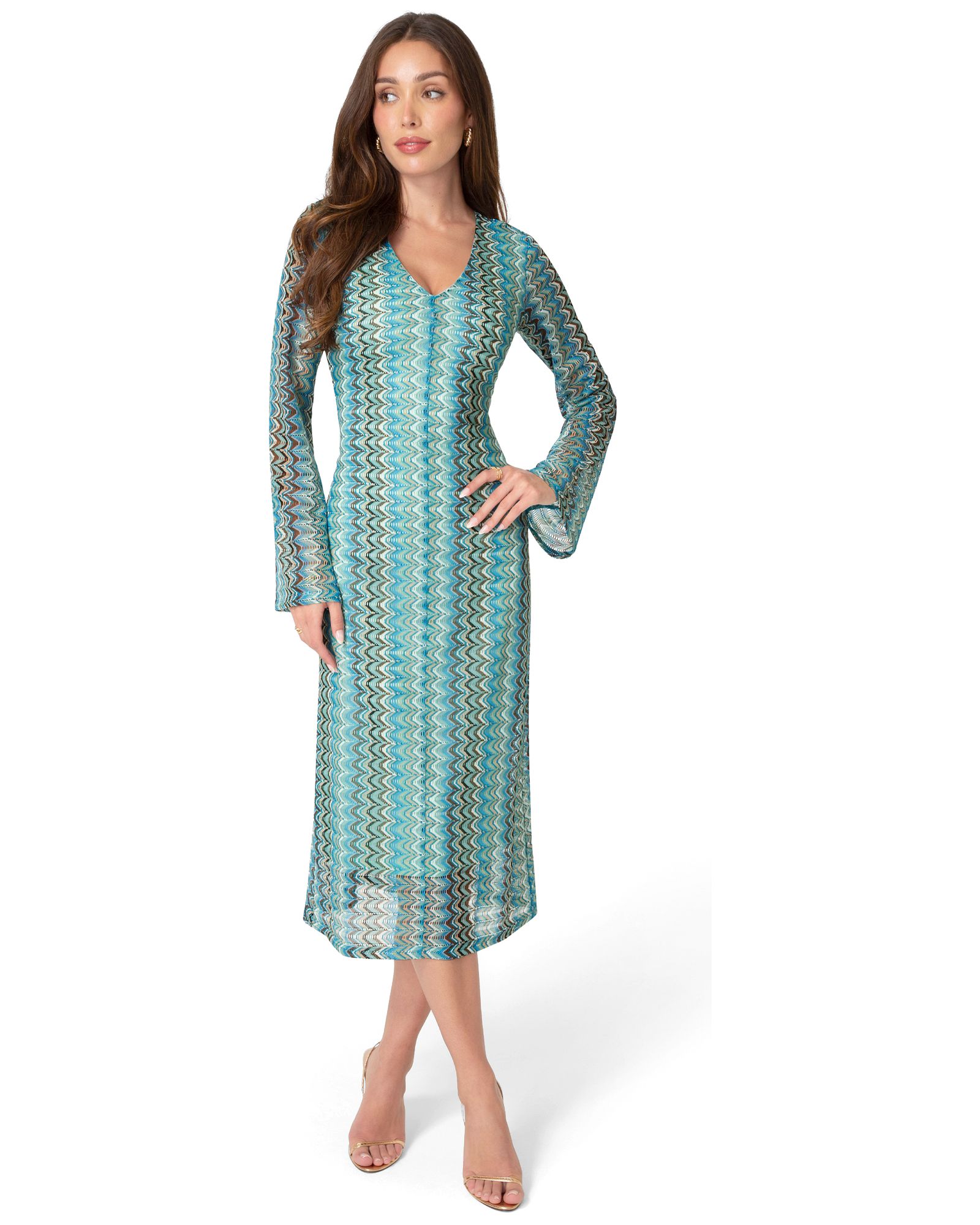 Bebe Women's Crochet Stripe Bell Sleeve Maxi Dress
